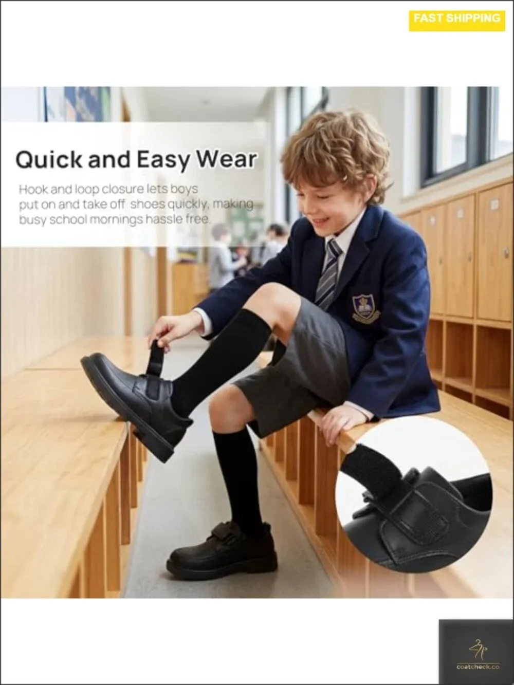 Boys School Uniform Loafers with Hook and Loop Strap - Lightweight Dress Shoes
